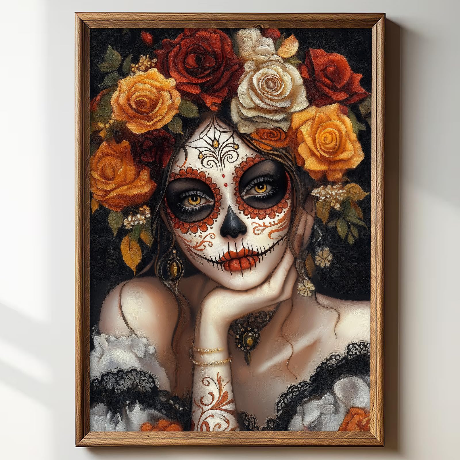 Photo 1 of Sugar Skull Girl Wall Art Halloween Themed Prints Ghost Portrait Canvas Dark Academia Painting Mexican Skeleton Poster Witch Halloween Pictures Dark Moody Artwork Sugar Skull Wall Art 16x24in No Frame