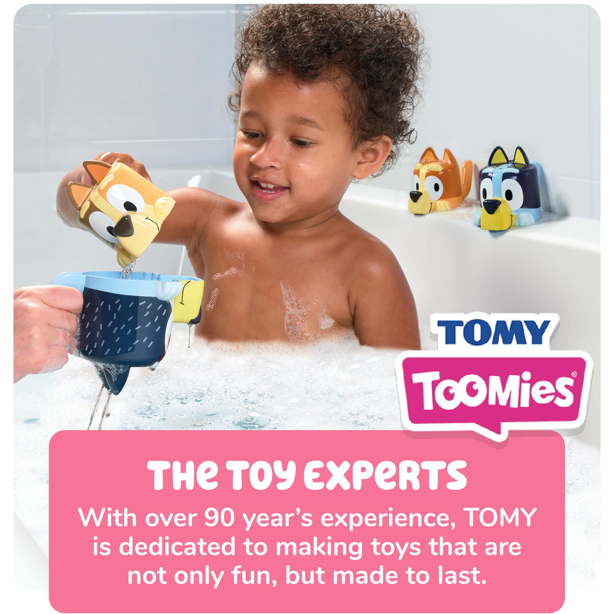 TOMY Toomies Bluey Bath Toys - Bluey's Family Pourers - Includes Chilli, Bandit, Bingo and Bluey Figures - Nesting and Stacking Cups for Bath, Beach or Pool - 4 Count - Ages 18 Months and Up