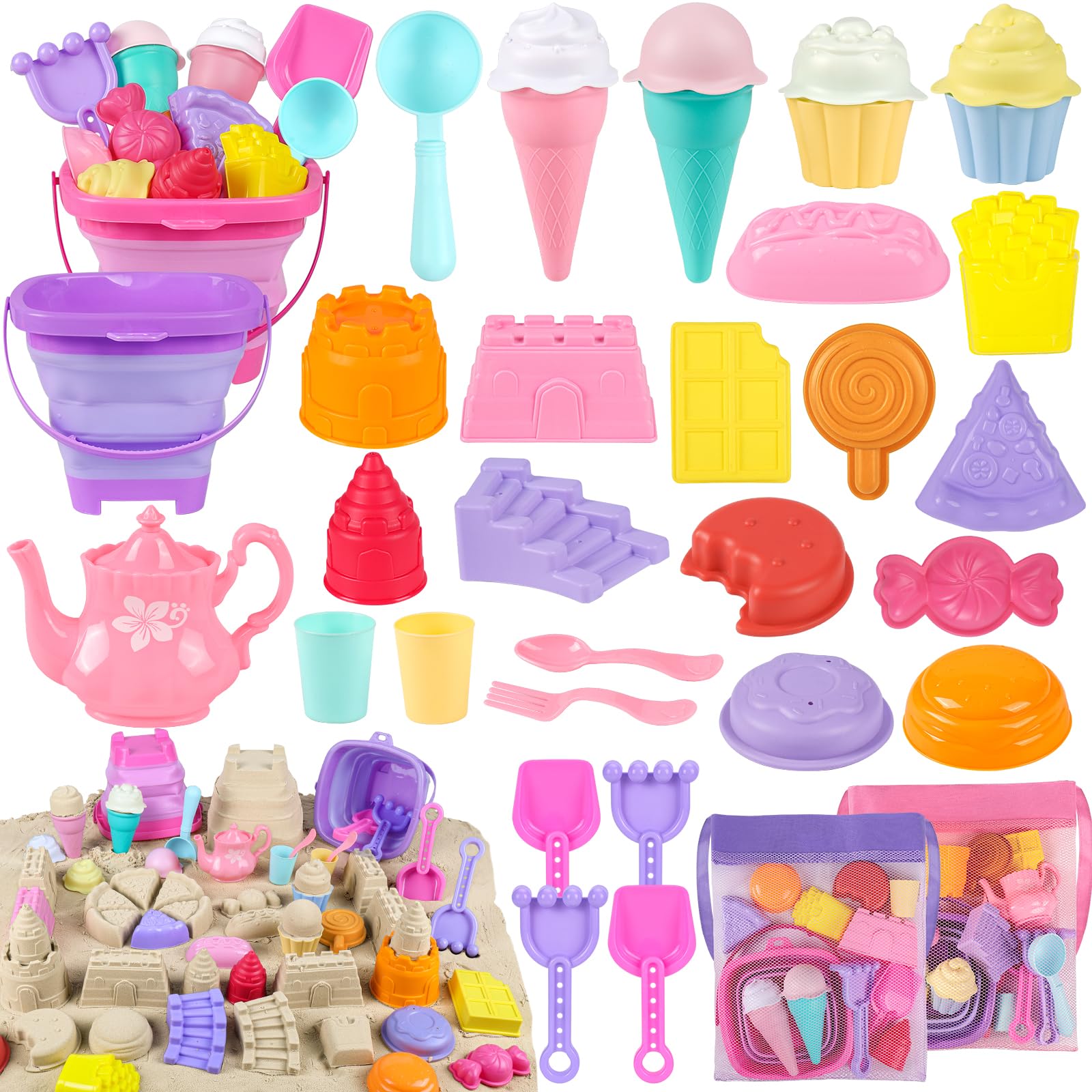 REZUCREY Collapsible Beach Toys for Toddlers, Sand Bucket and Shovels Set, Ice Cream Tea Set Travel Sand Toys for Beach & Mesh Bag, Castle Essentials Toy for Toddlers Kids Boys Girls Age 3-10