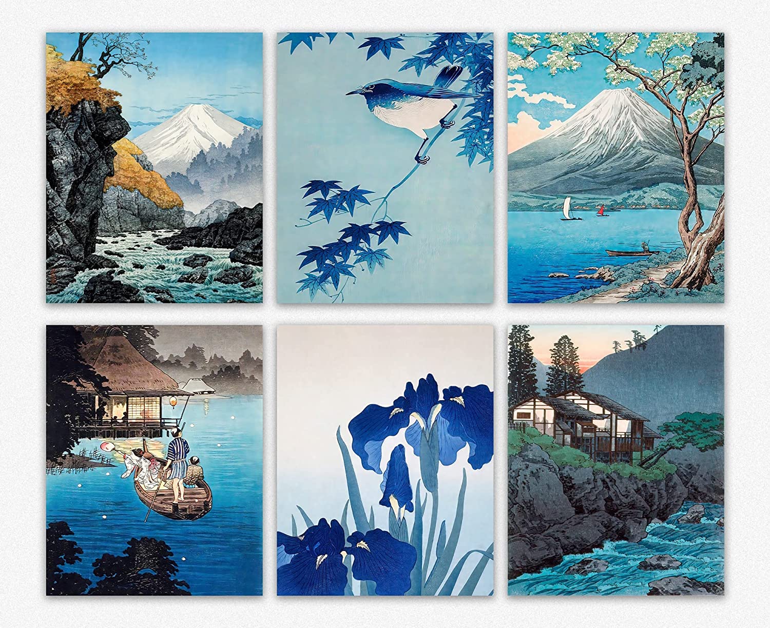 Japanese Wall Art - Set of 6 Blue Woodblock Trendy Home Decor/Famous Bedroom Decor & Living Room Art Blue Themed Wall Decor/Japan Art Style Office Decor, Cool Stuff Gifts for New Home Design (8 x 10)