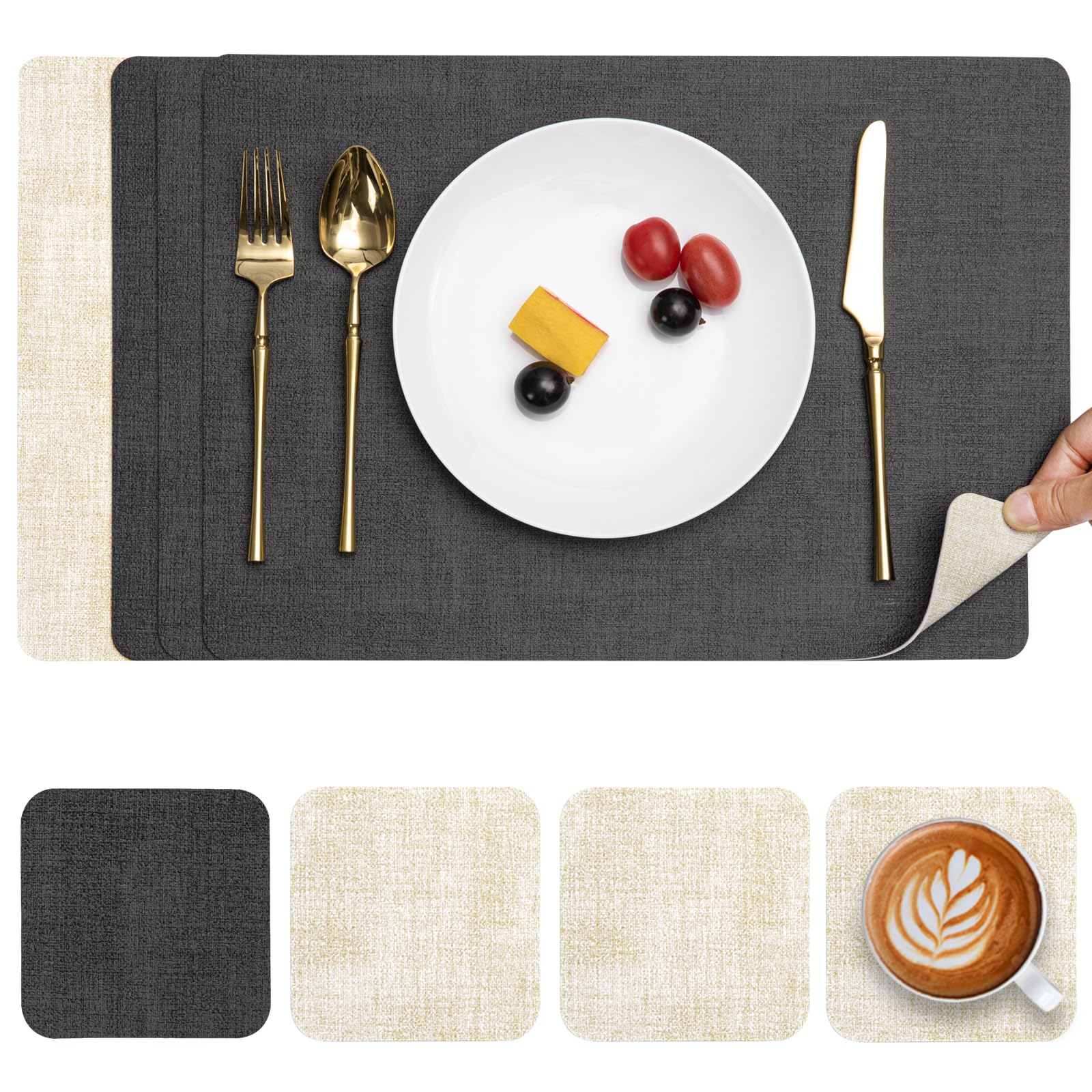 Myir JUN Placemats and Coasters Set of 4, Place Mats Dual Sided Faux Leather Table Mats PU Indoor Outdoor Heat Resistant Placemat Square Non Slip Wipeable Washable Dining Restaurant — image 1