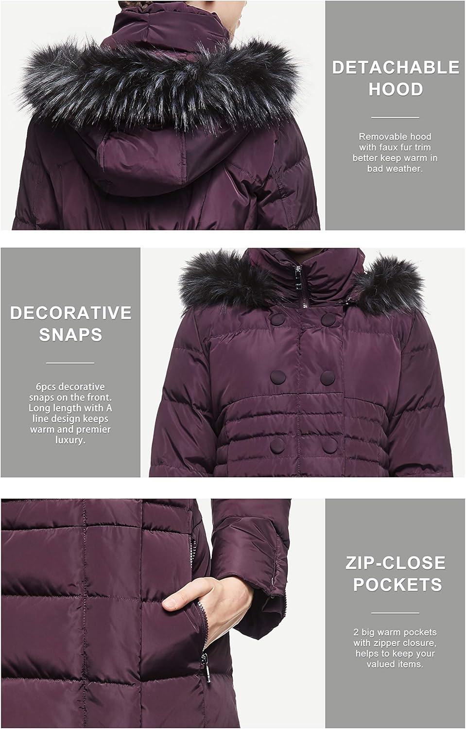 Orolay Women Warm Down Jacket with Hood Fur Raglan Sleeve Coat: Clothing