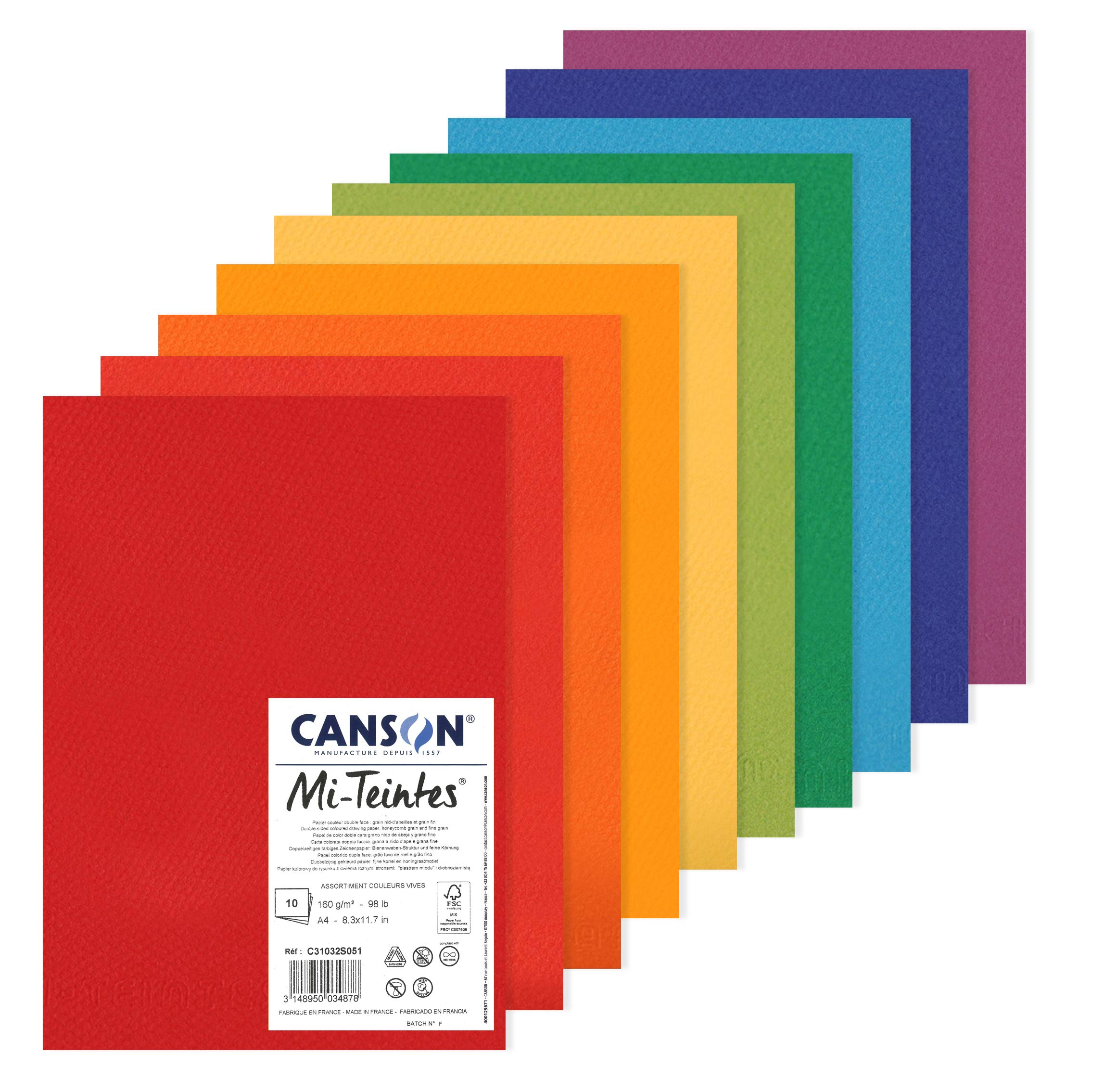 CANSON Mi-Teintes Coloured Drawing 160gsm A4 Paper Pack, Double Sided: Honeycomb & Fine Grain, 10 Bright Colour Sheets, For Professional Artists & Illustrators