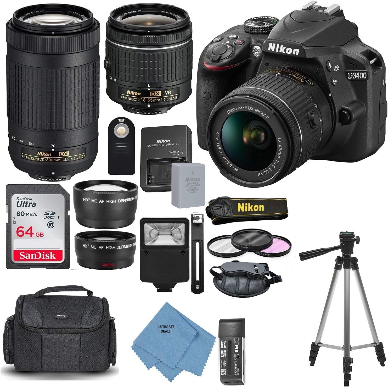 Nikon D3400 with AF-P DX NIKKOR 18-55mm f/3.5-5.6G VR + Nikon AF-P DX NIKKOR 70-300mm f/4.5-6.3G ED Lens + 64GB, Deluxe Accessory Bundle and Ultimate Deals Cleaning Accessories