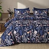 Yiran Queen Comforter Set, 7 Pieces Navy Blue Floral Soft Bedding Sets, Queen Bed in a Bag with Botanical Flowers Winter Comforter, Sheets, Pillowcases & Shams