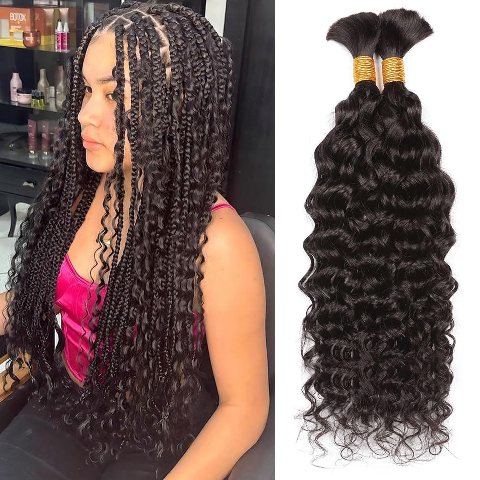 Huarisi Water Wave Bulk Human Hair for Braiding No Weft 2 Bundles 50g 24 Inch 10A Brazilian Virgin Curly Hair Extensions for Boho Braids Wet n Wavy Braiding Hair (100g a lot, Natural Color)