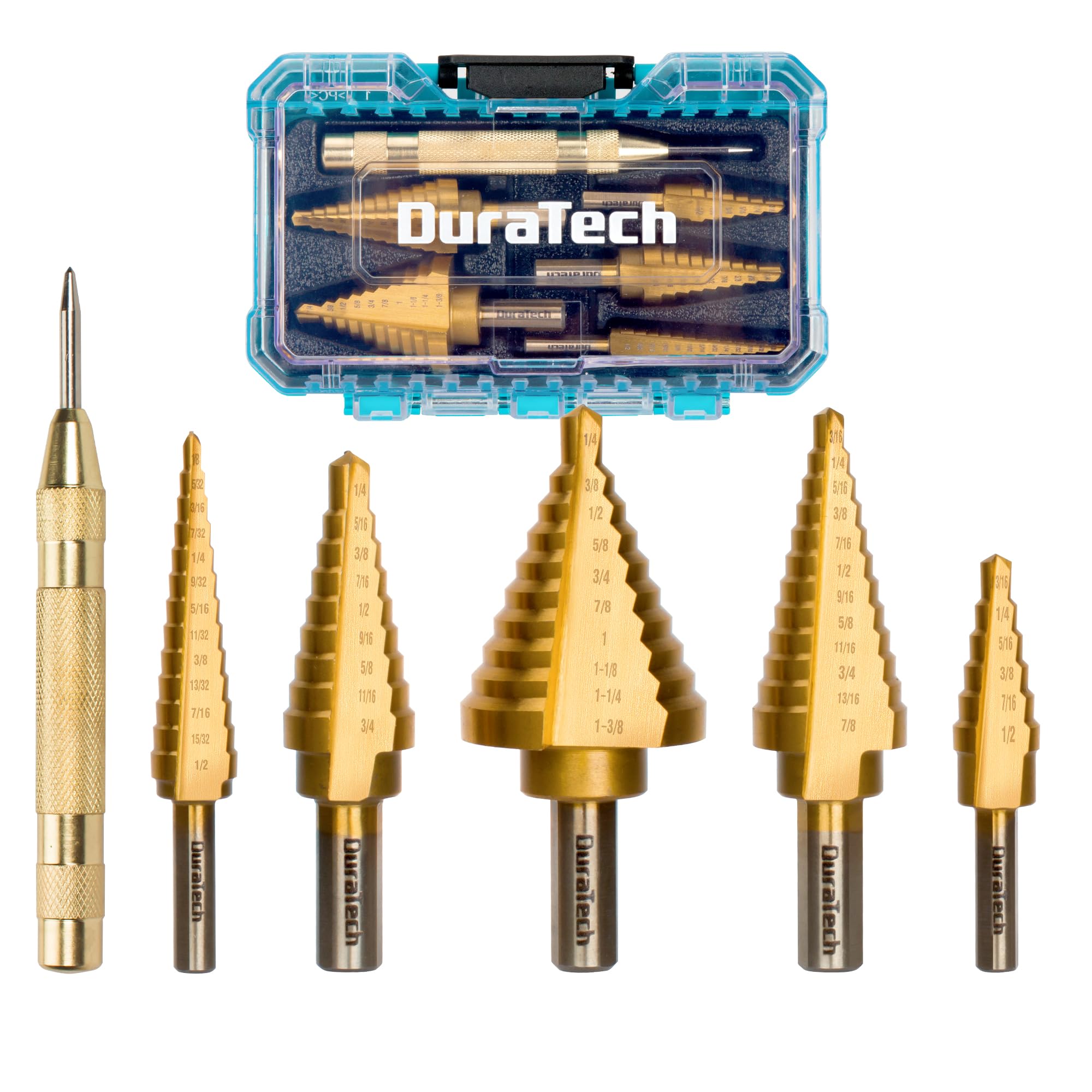 DURATECH 6-Piece Step Drill Bit Set with Automatic Center Punch, 50 Sizes in 5 High Speed Steel, Titanium Coated, Double Flute Cutting Blades Step Drill Bits for Metal, with Storage Case