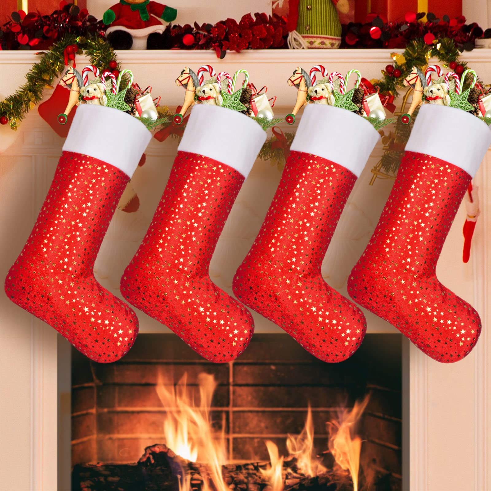 Deggodech 4 Pack Christmas Stockings Red 20 inches Christmas Fireplace Hanging Stocking with Golden Stars and White Trim Xmas Stockings for Christmas Decoration - 50cm