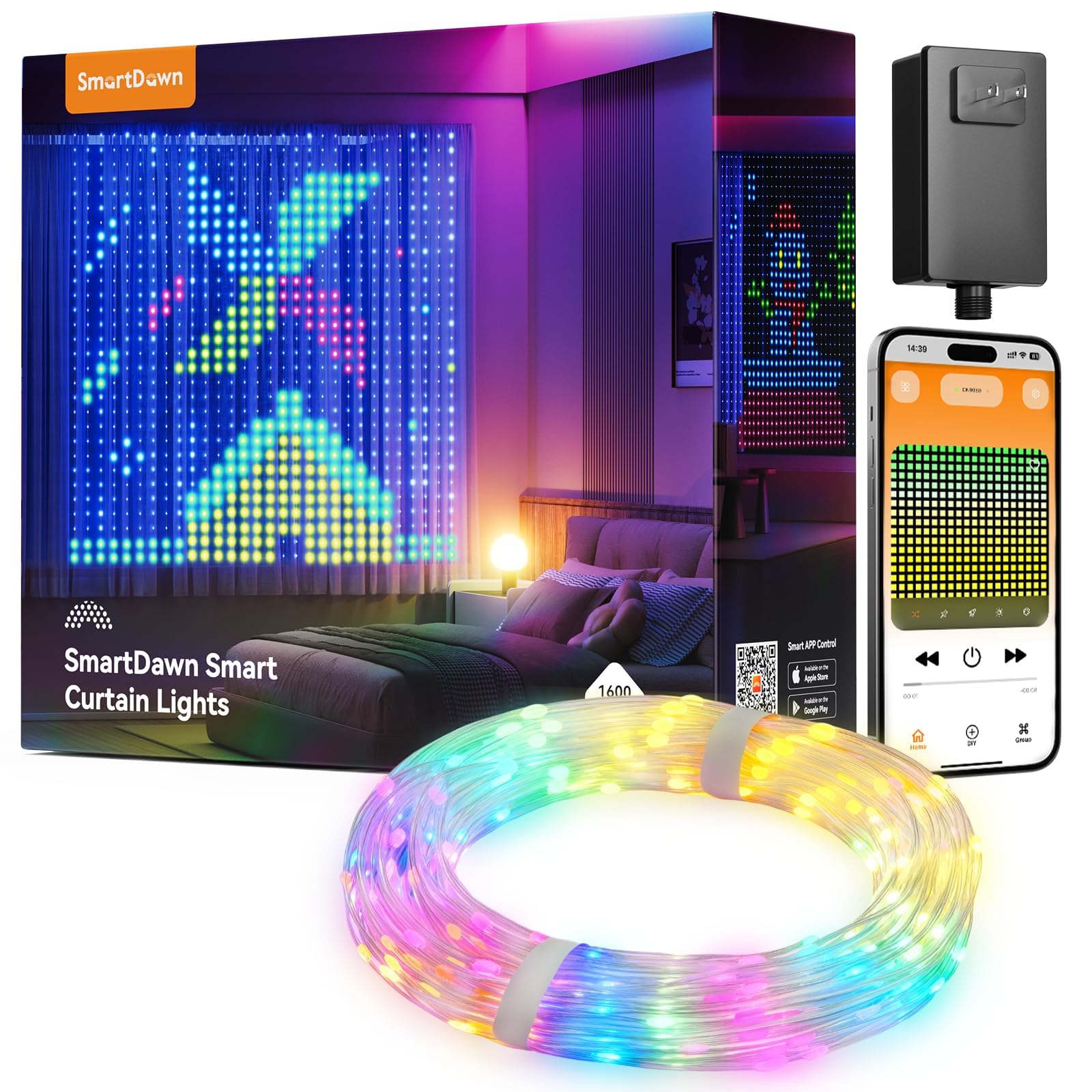 Photo 1 of SmartDawn 1600 RGB LEDs Smart Curtain Lights with DIY GIF, 6.6x6.6ft Color Changing Christmas Wall Lights with APP, IP65 Waterproof String Fairy Lights for Indoor Outdoor Bedroom Window Garage