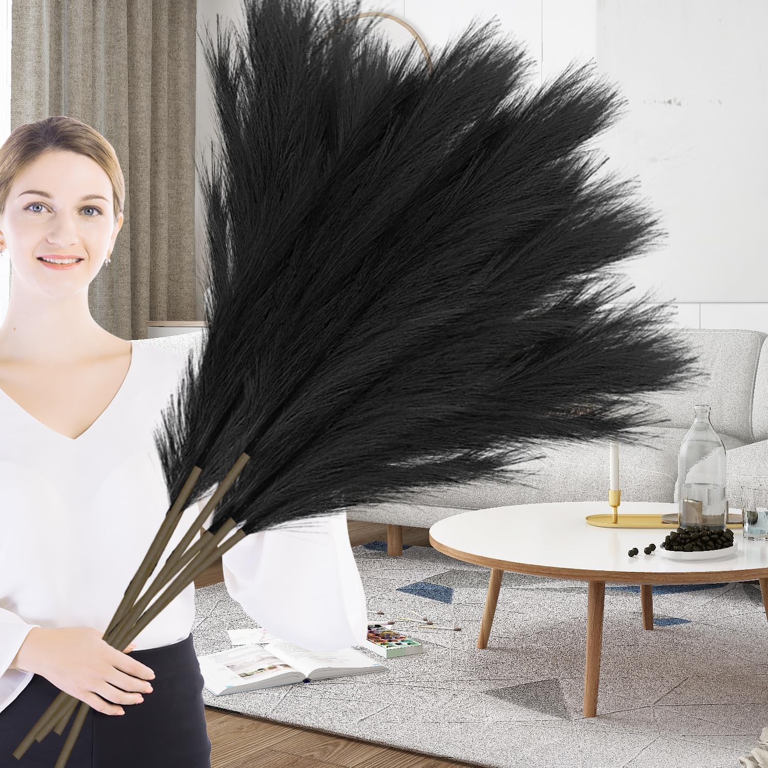 Duscdesp 43"/110cm Pampas Grass Artificial 6pcs Fluffy Faux Tall Pampas for Floor Vases, Wedding, Living Room, Bedroom, Home, Boho Decor (Black)