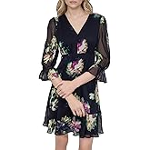 DKNY Women's V-Neck Balloon Sleeve with Ruffle Hem