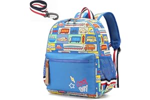 willikiva Cartoon Bus 12 Kindergarten Backpack for Kids Girls and Boys,Waterproof Preschool Toddler Backpack Wiht Leash and Safety Harness (Car)