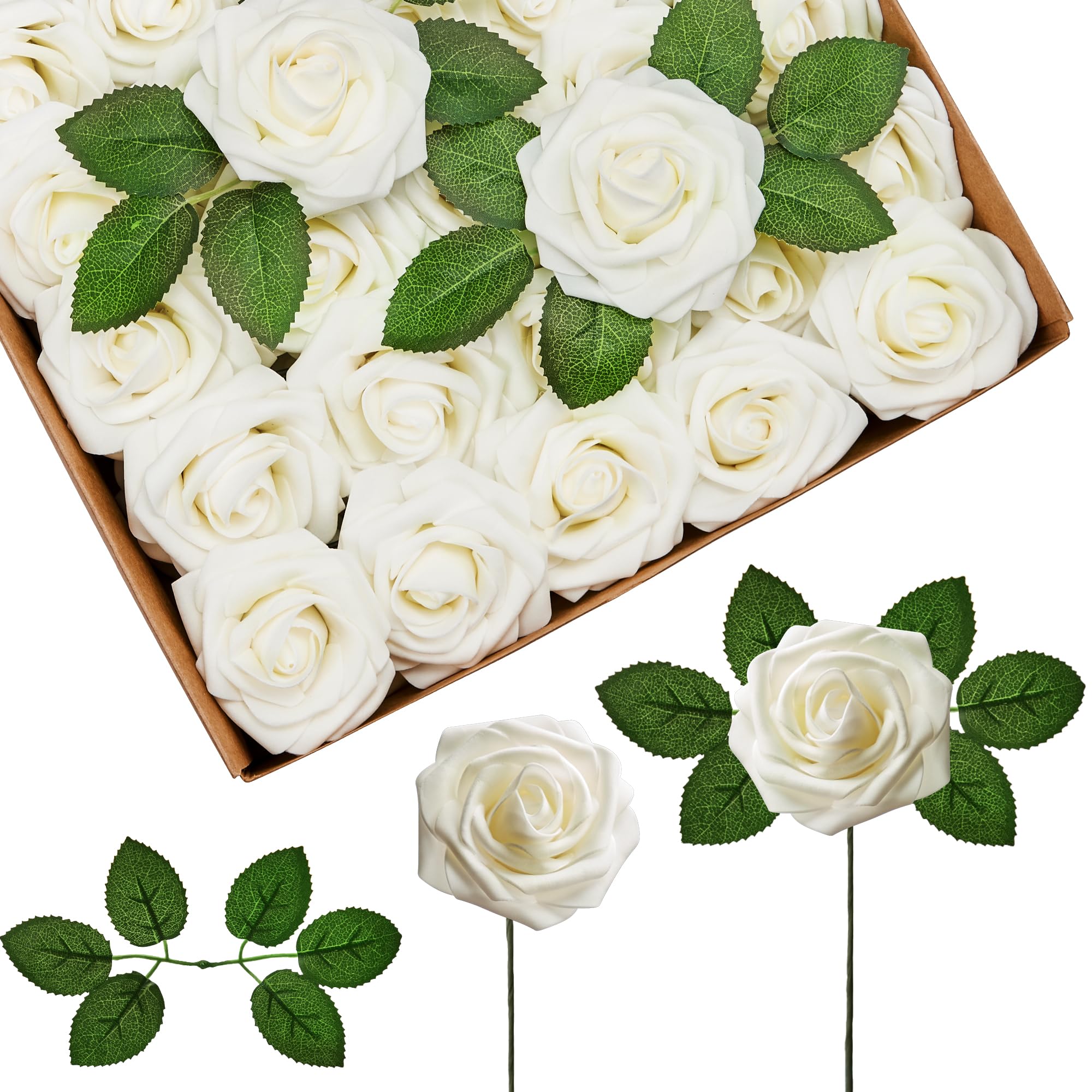 Photo 1 of InnoGear Artificial Flowers, 50 Pcs Ivory White Foam Fake Roses Bulk with Stems for Decoration DIY Wedding Bouquets Centerpieces Bridal Shower Party Christmas Tree