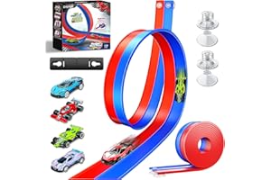 EYEFEAT 15 Ft Flexible Race Car Track for Kids, Double-Sided Racetrack with Suction Cups, Compatible with Diecast 1/64th Cars, Portable Roll Up DIY Track Set, Gift for Boys Girls Ages 3+