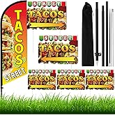 Tenceur 6 Pcs Tacos Burritos Feather Flag Kit, 1.8×5.4ft Tacos Windless Feather Banner Flag, 5 Yard Signs with Pole and Ground Stake for Restaurant Outside Store Business Markets