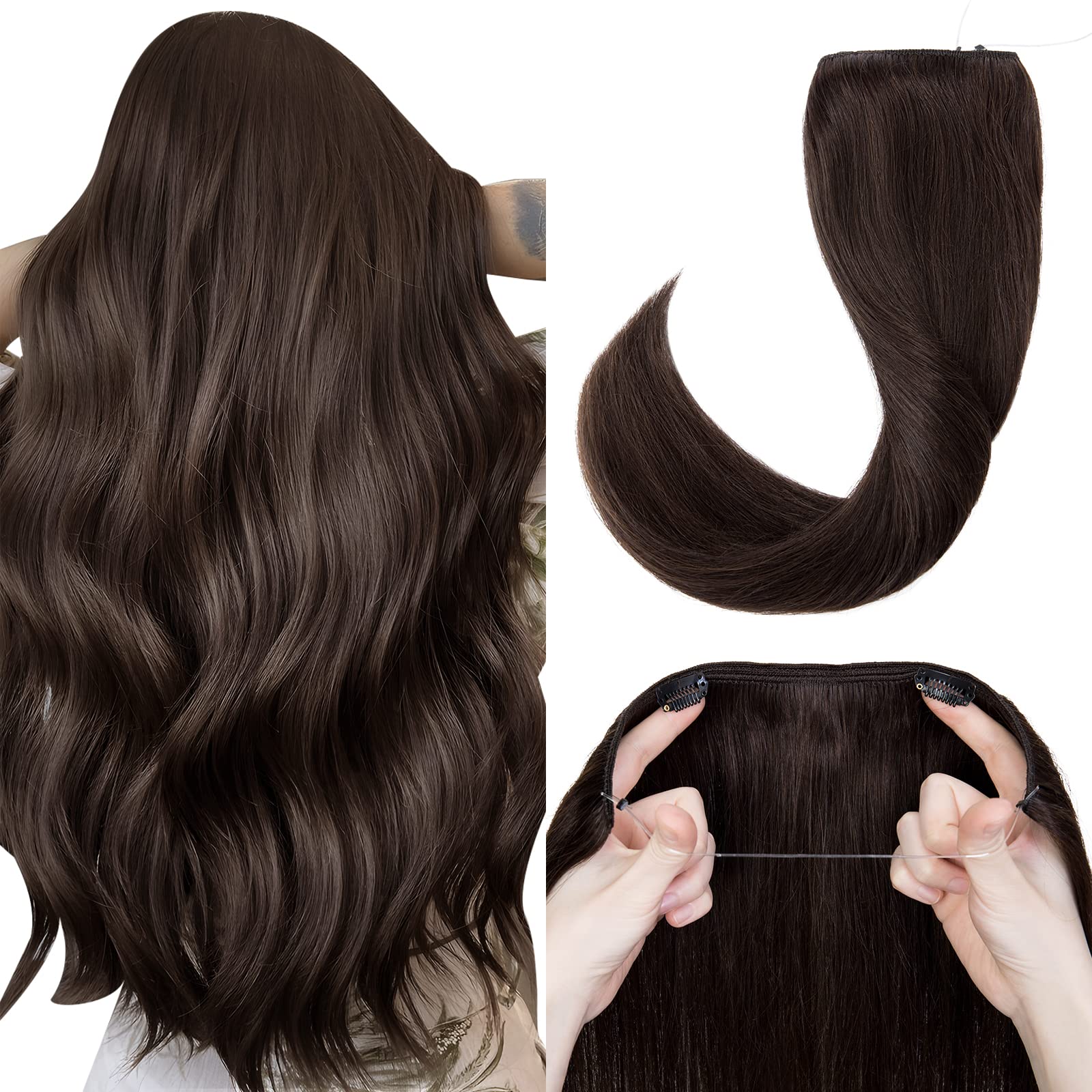 Photo 1 of Halo Hair Extensions Real Human Hair, MY-LADY Adjustable Halo Extensions Real Human Hair, 18 inch Dark Brown Women's Long Straight Hair Invisible Wire Hair Extensions