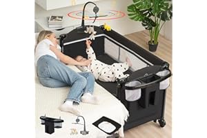 Bedside Bassinet, 5 in 1 Baby Bassinet Bedside Sleeper, Pack and Play with Diaper Changer/Mattress/Music, Bedside Crib with S