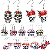 Hinly 12 Pairs Day of The Dead Earrings Halloween Sugar Skull Golf Earrings Dangle Acrylic Sport Jewelry Decor Skull Gifts for Women (Novel Style)