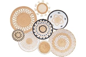 8 Pack Boho Wall Decor, 12 Inch Wall Basket Decor Round Handmade Hanging, Rattan Woven Wall Basket Decor for Living Room, Rus
