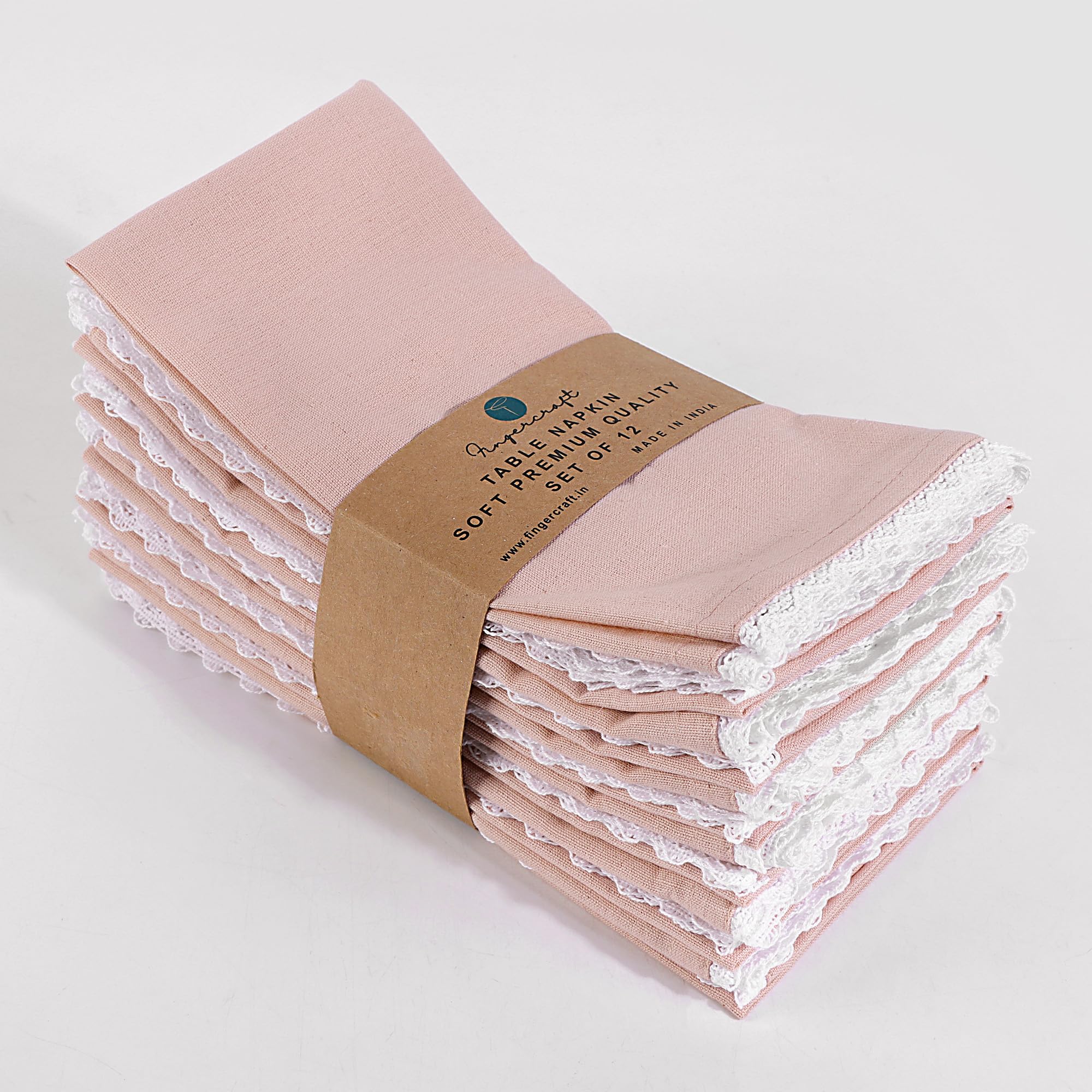Fingercraft Dinner Cloth Napkin Cotton 12 Pack Natural Mitered Corners with Elegant Lace for Everyday Use Napkins are Pre Shrunk and Good Absorbency with Lace Pink