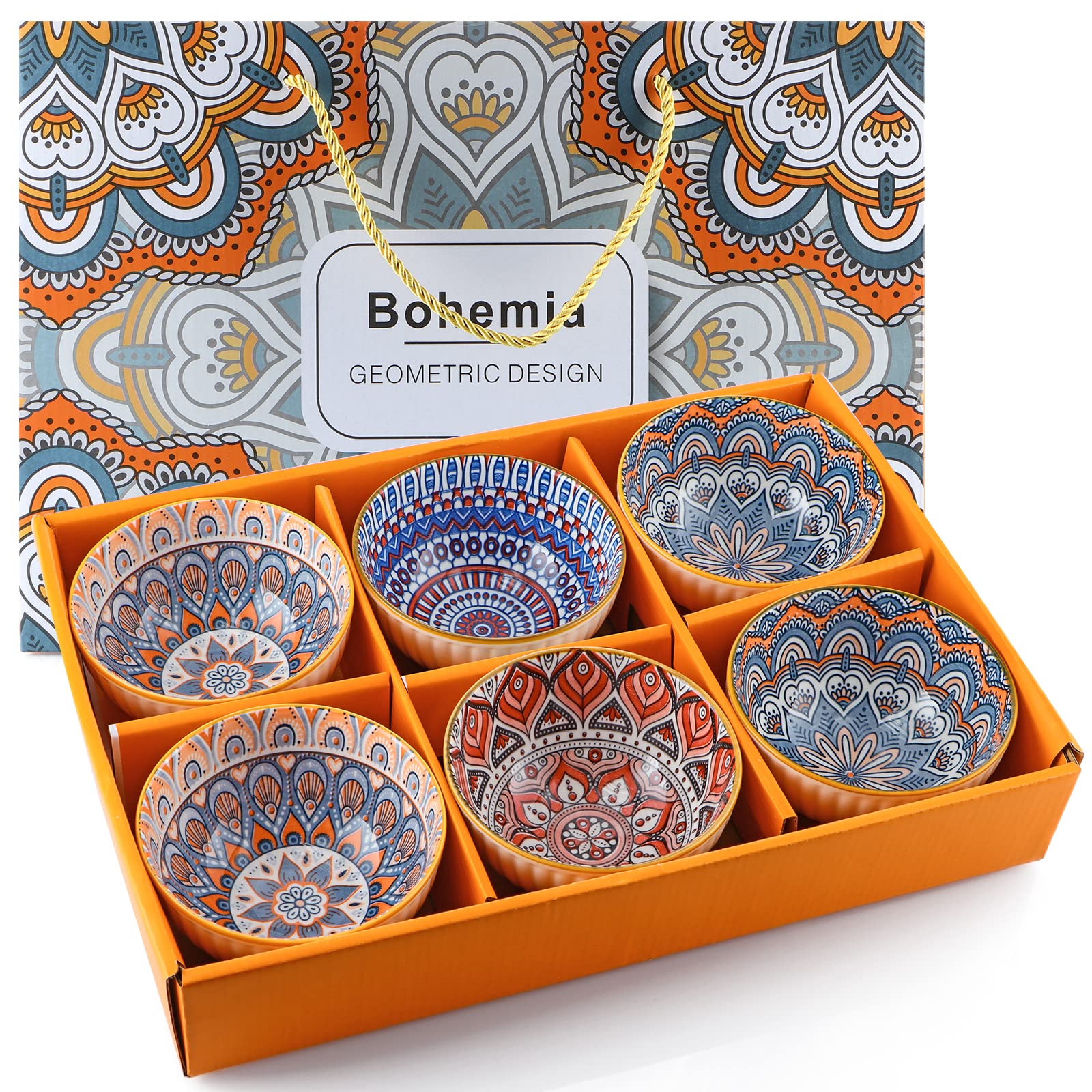 Skelang Ceramic Serving Bowls, Rice Bowl with Gift Box, Bohemian Style Pottery Bowls, Porcelain Serving Bowls for Rice, Soup, Dessert, Snack, 10oz/300ml, Set of 6