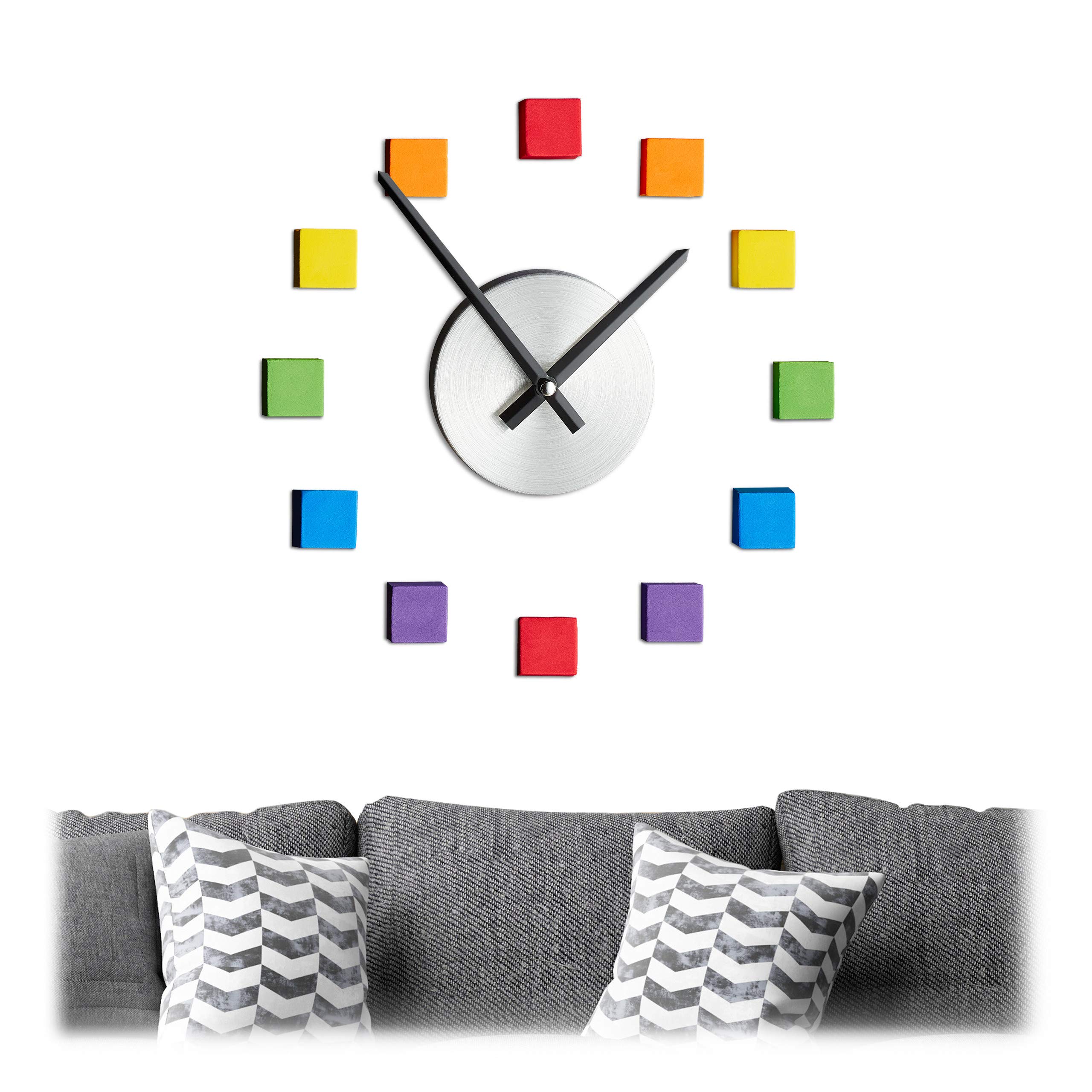 Relaxdays DIY Wall Clock, Adhesive Square Stickers, Matt Colours, Size Variable, Modern 3D Look, max. Ø 110 cm, Rainbow