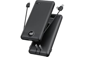 Portable Charger,Power Bank Built-in Cables and AC Wall Plug,VRURC USB C Portable Bank 10000mAh,Travel Essentials Phone Charger Compact Lightweight External Battery Pack for Smart Phones,Tablets-Black