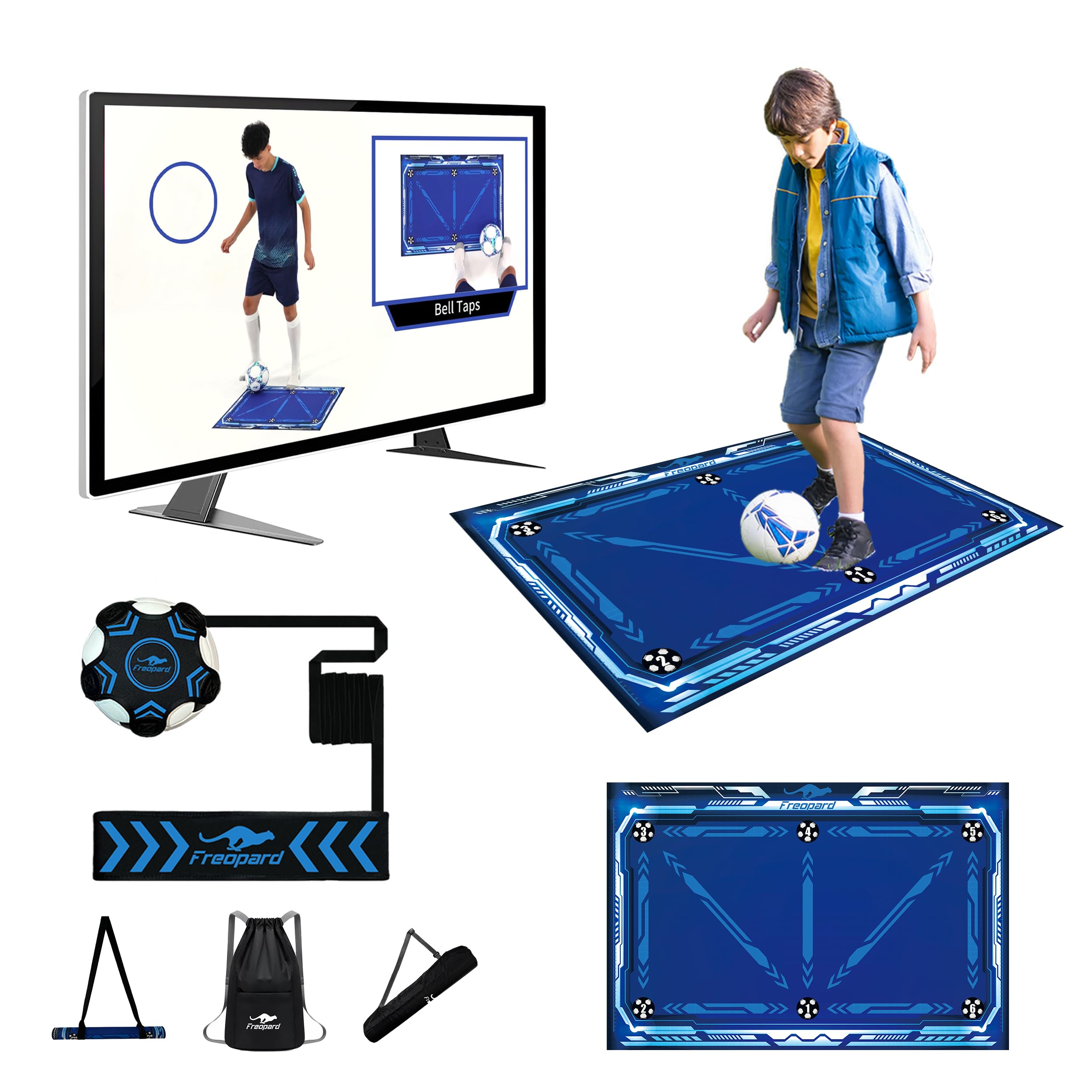 Freopard Video Football Training Program Connected to TV, Ultimate Football skills Kit of 6 with Football Training Mat, 80 Video Training Courses, Solo Football Trainer, football Gifts boy/girl