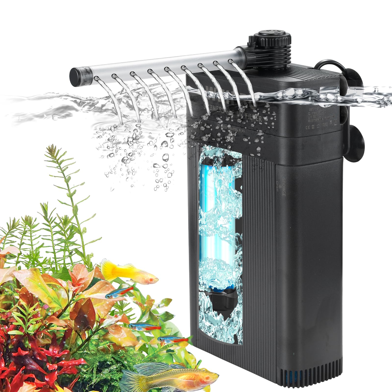Internal Fish Tank Filter with 9W UV Light, Multi Filter Materials, Adjustable Water Flow Submersible 850L/H Aquarium Filter Pump for 140l ~ 220l Freshwater or 100l ~ 150l Saltwater, TU-900(850L/H)