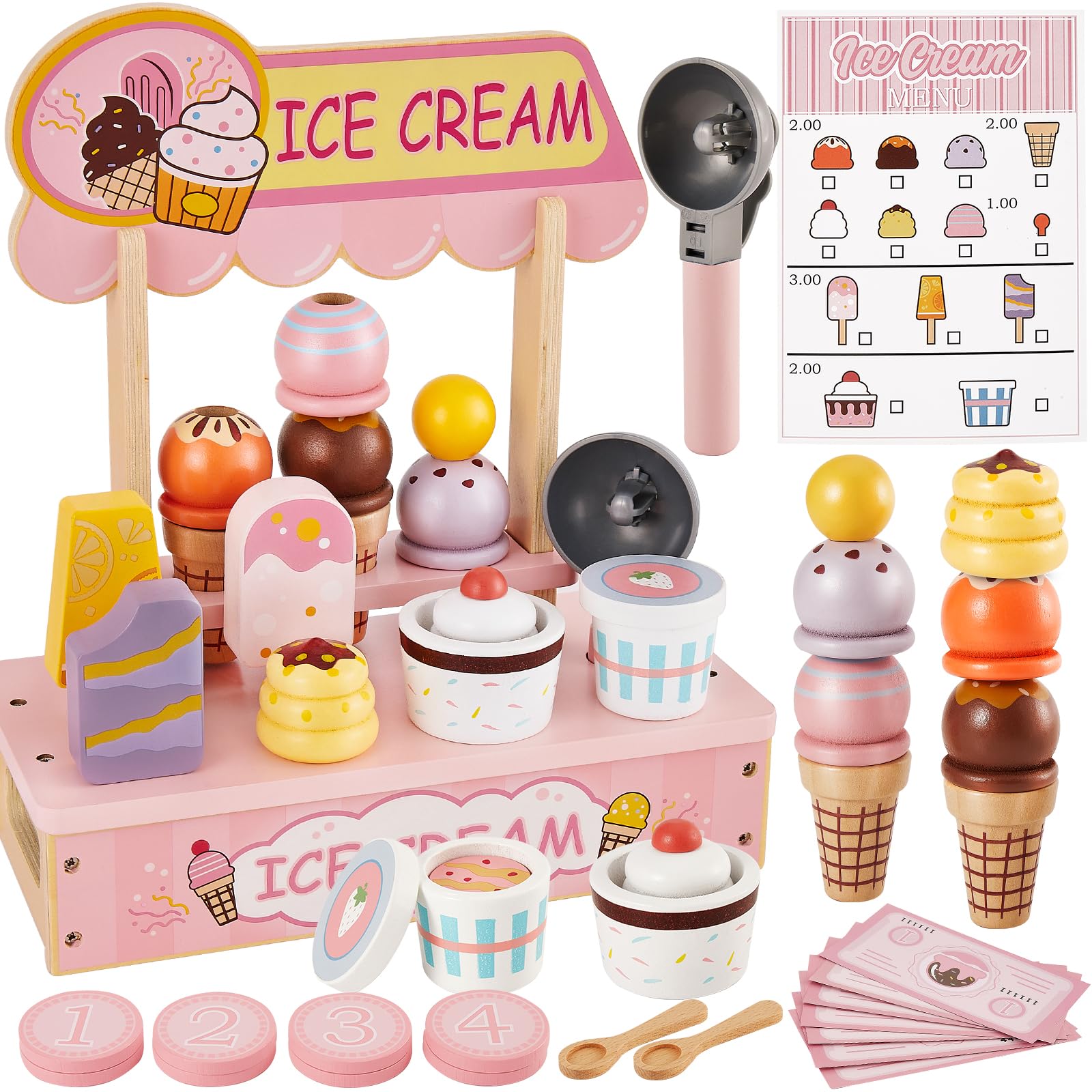 HERSITY Wooden Ice Cream Counter Shop Pretend Play Food Set, Ice Cream Cones Stand Popsicle Toy Kids Kitchen Accessories Imaginative Toys Gifts for 3+ 4 5 6 Year Old Girls Boys Toddler, Pink — image 1