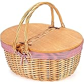Wicker Picnic Basket with Liner, Wooden Split Lid Picnic Basket, Vintage-Style Wicker Picnic Hamper with Folding Woven Handle for Picnic, Camping, Outdoor, Valentine Day, Thanks Giving, Birthday (Red)