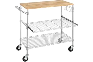 Finnhomy 3-Tier Rolling Kitchen Cart with 18" D x 36" W Oak Wood Tabletop, Kitchen Island Cart with 4" Wheels and Slider Shelf, Microwave Cart & Coffee Cart with Hooks for Dining Room, Chrome