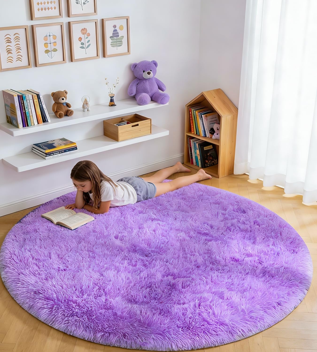 MARATIP Bedroom Plush Rug, Round, Fluffy Rug for Living Room, Large Size, Modern Living Room, Girls, Soft and Fluffy Rug for Bedroom (Purple, Diameter 120 cm, Round)