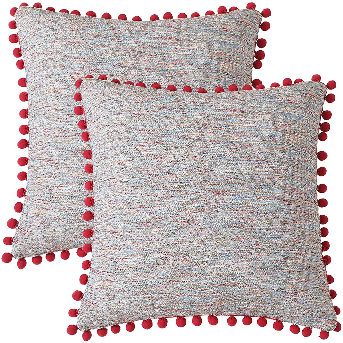 Tennove Cushion Covers 45x45cm Decorative Boucle Pillow Covers with Fluffy Pompoms Soft Boho Throw Pillowcase Set of 2 for Sofa Bed Home Decor, Red