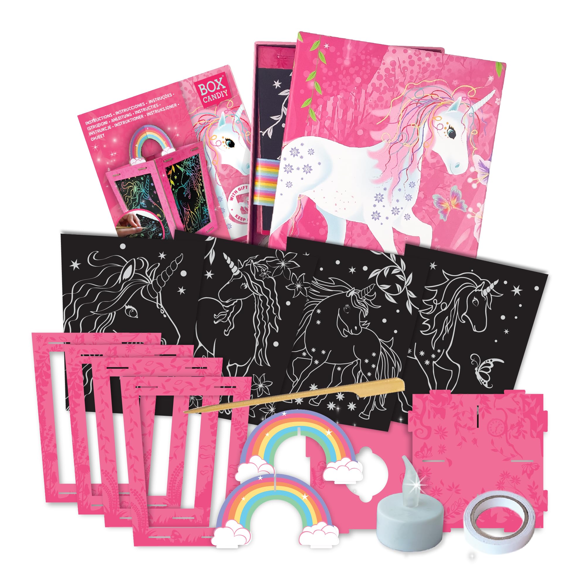 BOX CANDIY Scratch Art Lantern Craft Kit for Kids | 4 PVC Scratch Sheets, Scratch Stick, 3D Lantern with 9 Cardboard Pieces, LED Candle (No Battery), Double-Sided Tape & Storage Box – Unicorn Theme