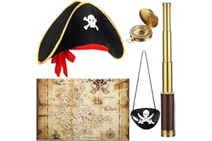 SRATTE Pirate Monocular Telescope Treasure Map Pocket Compass Pirate Hat Skull Print Captain Costume, 5 Pcs Party Favors Costume Spyglass Kid Compass for Cosplay(Small)
