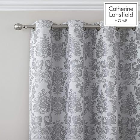 Catherine Lansfield Damask Jacquard Eyelet Curtains Silver 66x72