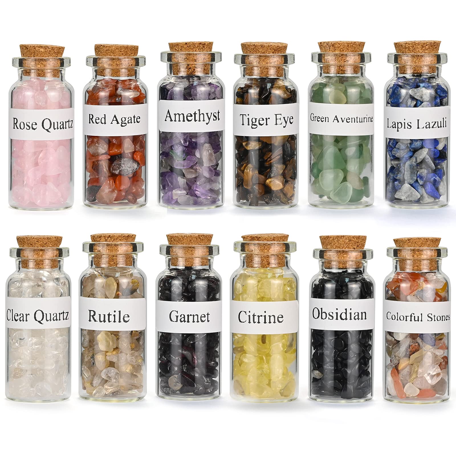SIMDAO 12Pcs Crystals Gemstone Bottles Set, Healing Crystal Tumbled Stones Collection Kit Natural Quartz Gravel Wishing Bottle, Reiki, Healing, Meditation, DIY Decorations