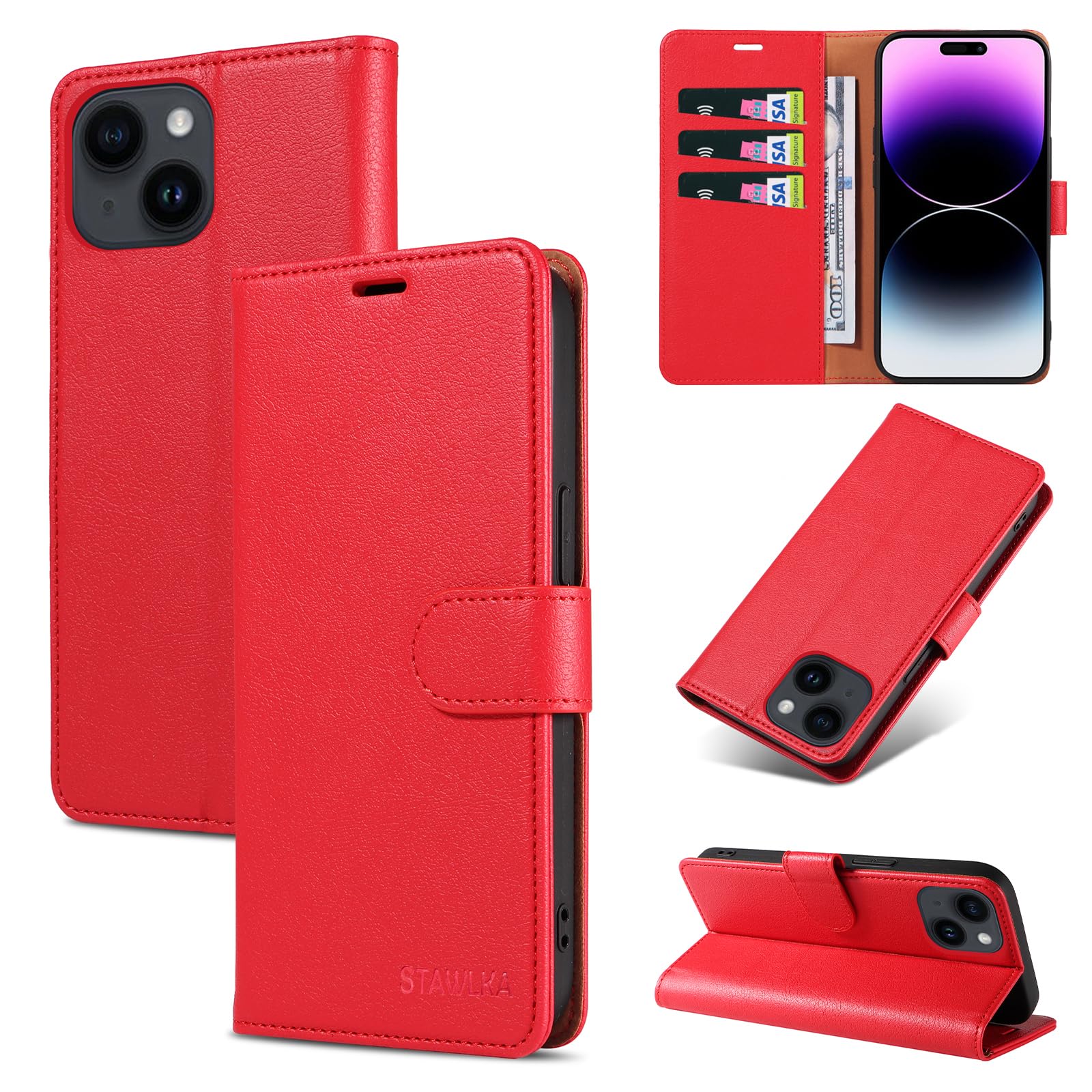 STAWLKA Case for iPhone 15, Premium PU Leather Flip Magnetic Buckle Wallet Case Kickstand Blocking RFID Shockproof Protective Phone Cover for iPhone 15 - Red