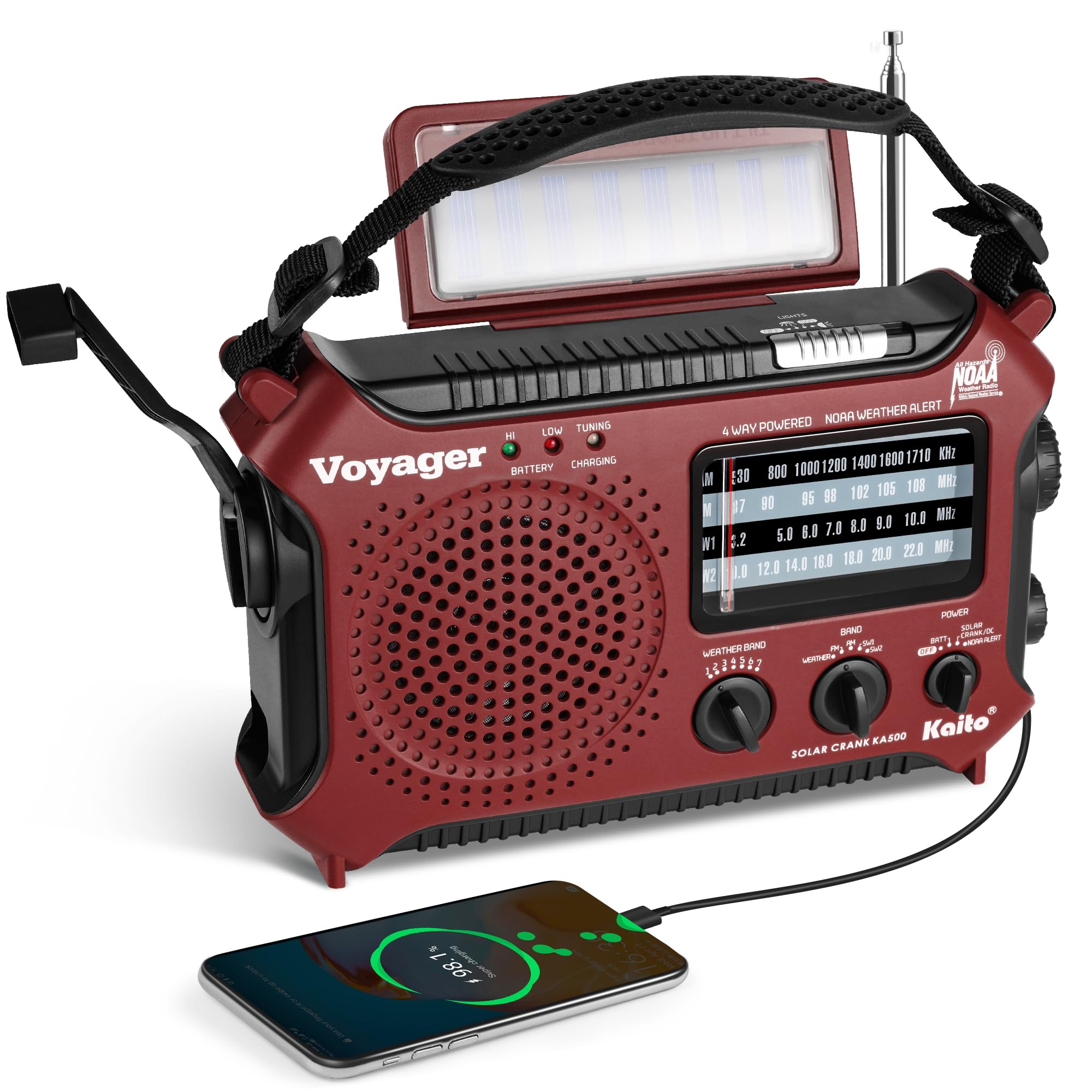 Kaito KA500RED 5-Way Powered Emergency AM/FM/SW Weather Alert Radio, Red