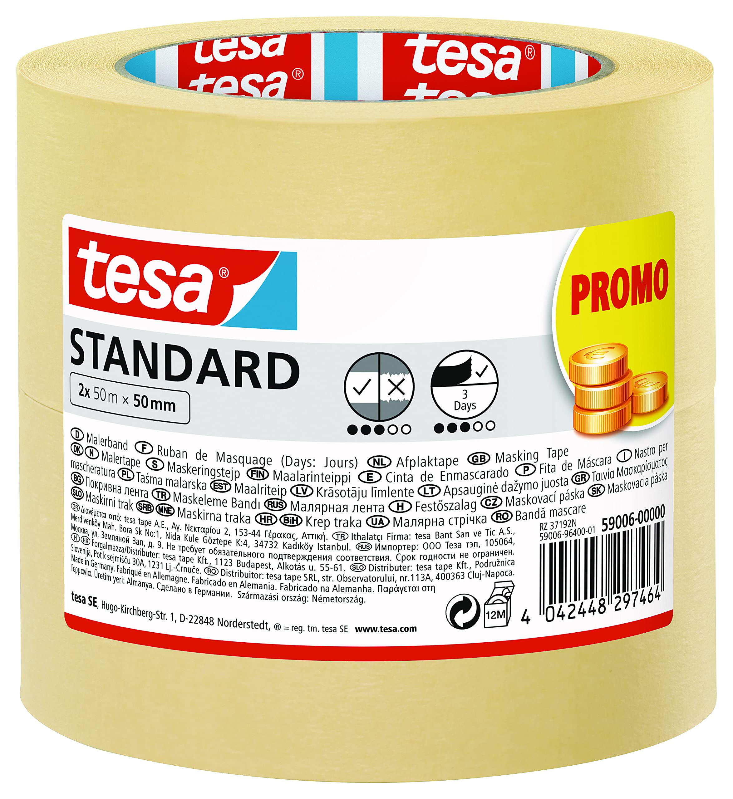 tesa Masking Tape Standard - Pack of 2 - Painter's Tape with Strong Adhesion for Masking During Painting Work - Solvent-Free - 2 x 50 m x 50 mm