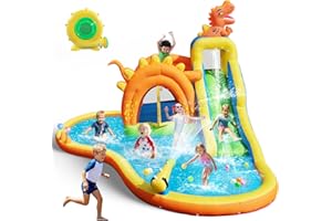 NBSPORT Dinosaur Inflatable Water Slide Park - 7 in 1 Bounce House with Slide, Jump Area, Splash Pool, Climbing Wall & Basketball Hoop | 480W Blower Included | Indoor/Outdoor Backyard Play for Kids 3-10