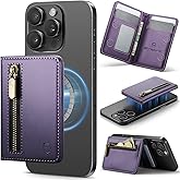 Strapurs Magnetic Card Holder Compatible with MagSafe Phones and Cases, PU Leather Phone Wallet for iPhone 17/16/15/14/13/12/Pro/Max/Plus/Air, 4 Card Slots RFID Blocking with Zipper Pocket - Purple