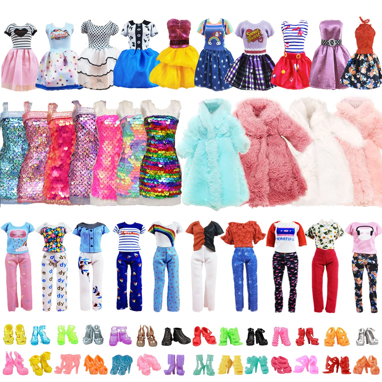 Xerteam 23 Piece Winter Doll Clothes and Accessories Set, 6 Fashion Dresses (2 Sequin Dresses) 3 Tops 3 Pants 1 Coat 10 Shoes For 11.5 Inch Doll (Random Style)