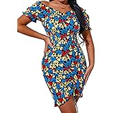 PRETTYGARDEN Women's Summer Off Shoulder Bodycon Dresses Short Sleeve Drawstring Sexy Mini Party Club Smocked Dress