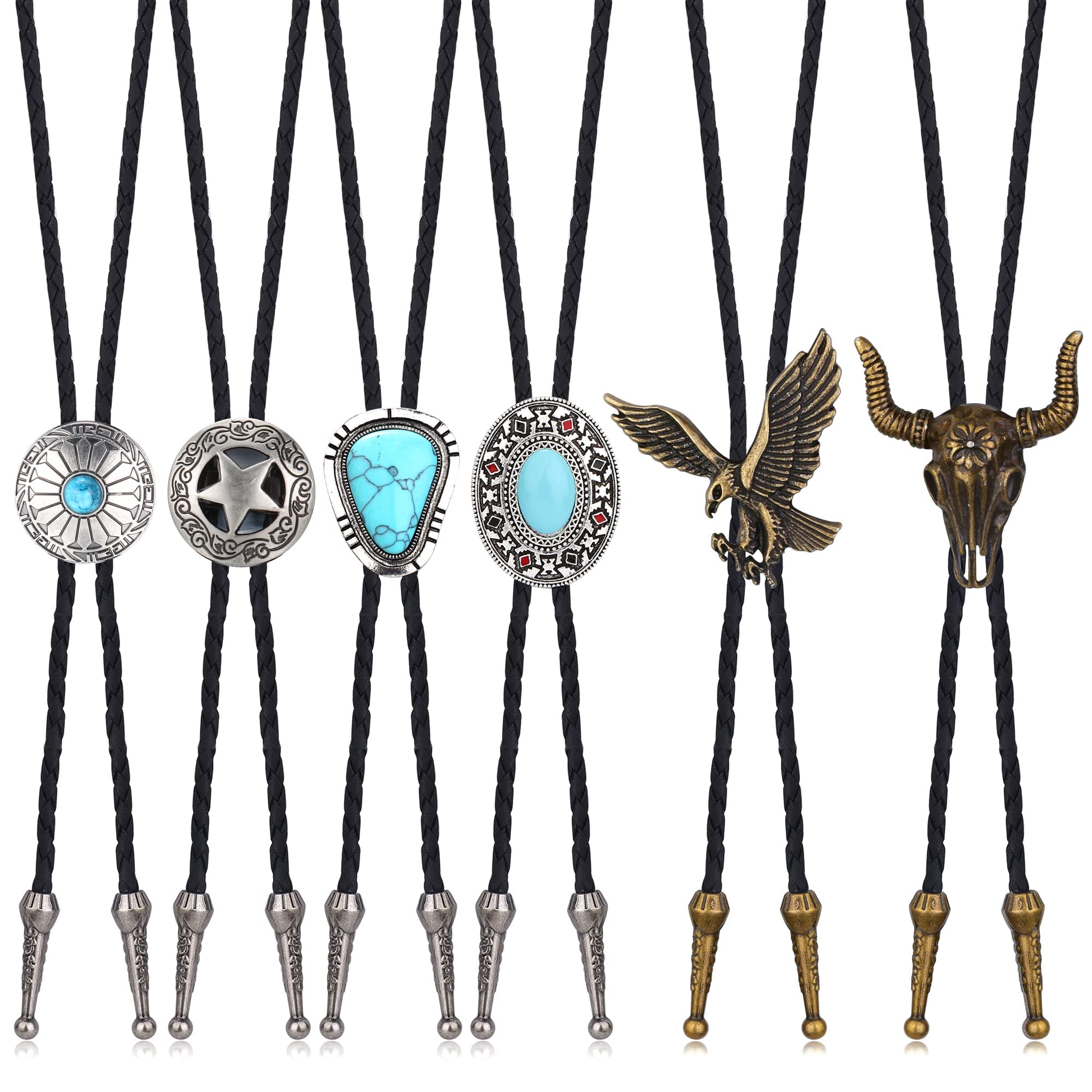 YADOCA 6 Pcs Leather Bolo Tie Turquoise Handmade Round Shape Western Cowboy Black Leather Necktie Bola Tie for Men Women A