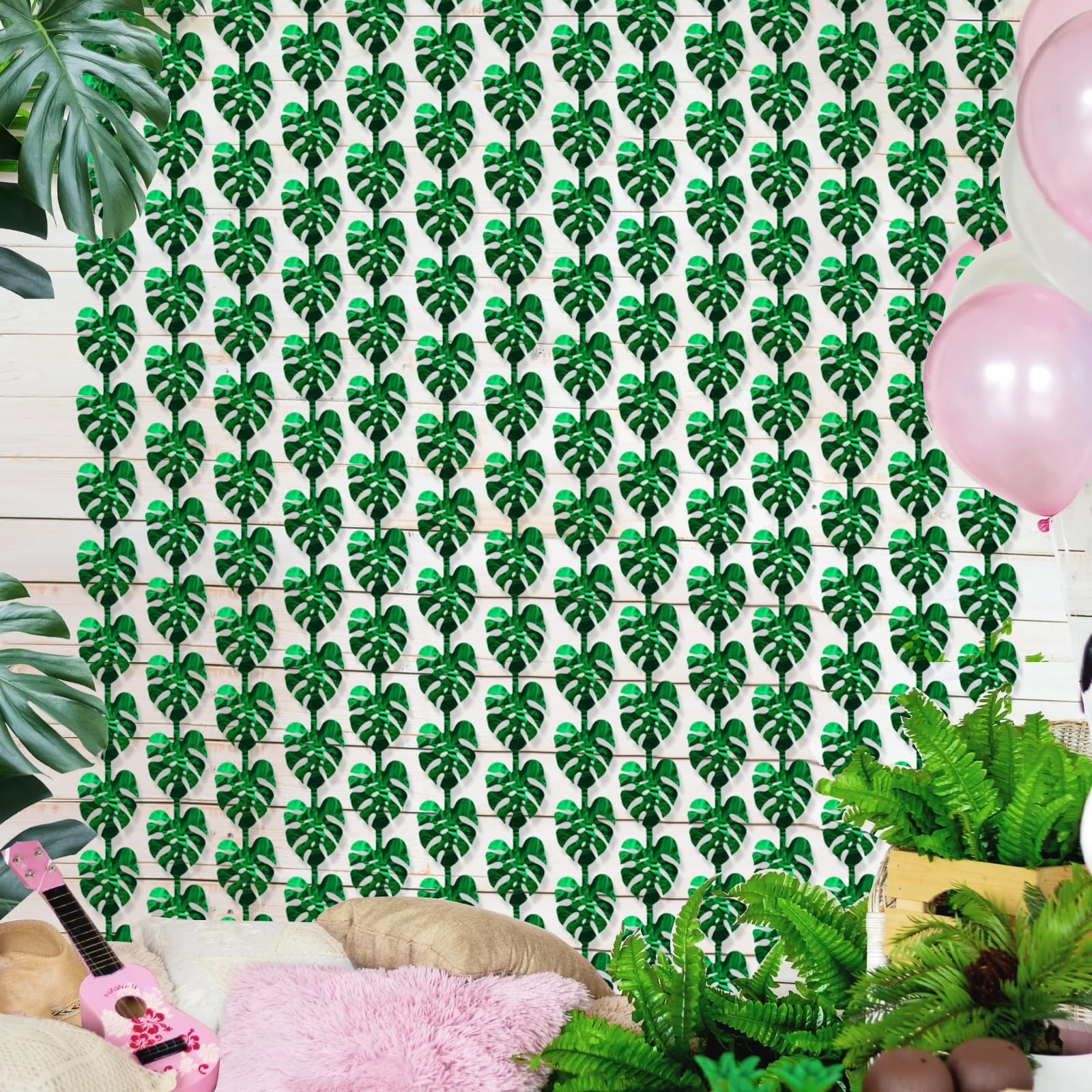 Photo 1 of Tropical Luau Party Decorations 2Pack of 3.3x6.6ft Green Tropical Palm Leaves Photo Booth Prop Jungle Leaf Foil Fringe Curtain,Photo Backdrop for Safari Birthday Decorations Hawaiian Themed Dino Party