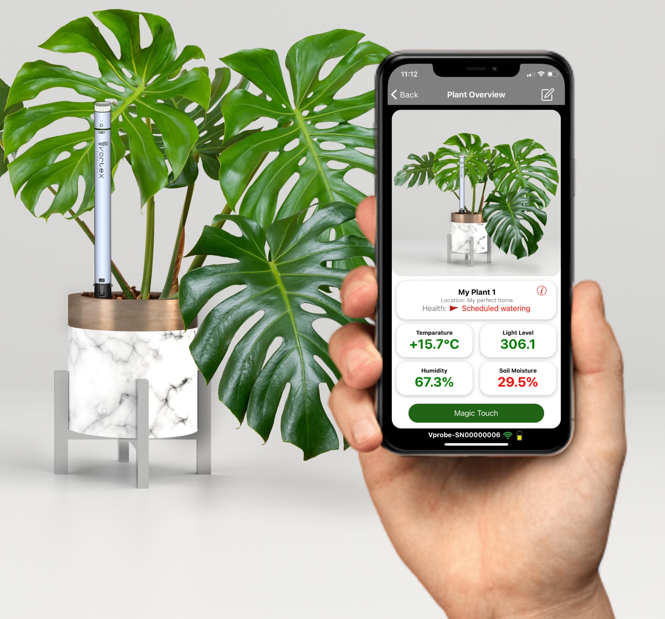 Vortex Vitality Vprobe - Intelligent Plant Health Assistant with EC Fertility, Soil Moisture, Soil Temp, Air Temp, Humidity & Sunlight Monitor for Indoor Plants. AI & WiFi IoT Sensor (Grey Sunshine)
