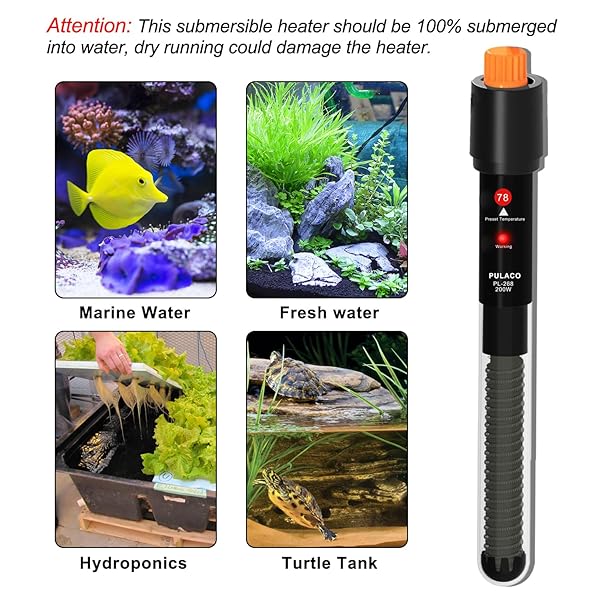 PULACO 200WATT AQUARIUM HEATER FOR 25-50 GALLON FISH TANK, ADJUSTABLE SUBMERSIBLE HEATER THERMOSTAT WITH THERMOMETER STRIP AND SUCTION CUP