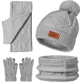 Winter 4-in-1 Gift Set with Pom Pom Beanie Hat, Fleece Lined Headband, Knit Scarf, Touchscreen Gloves for Cold Weather